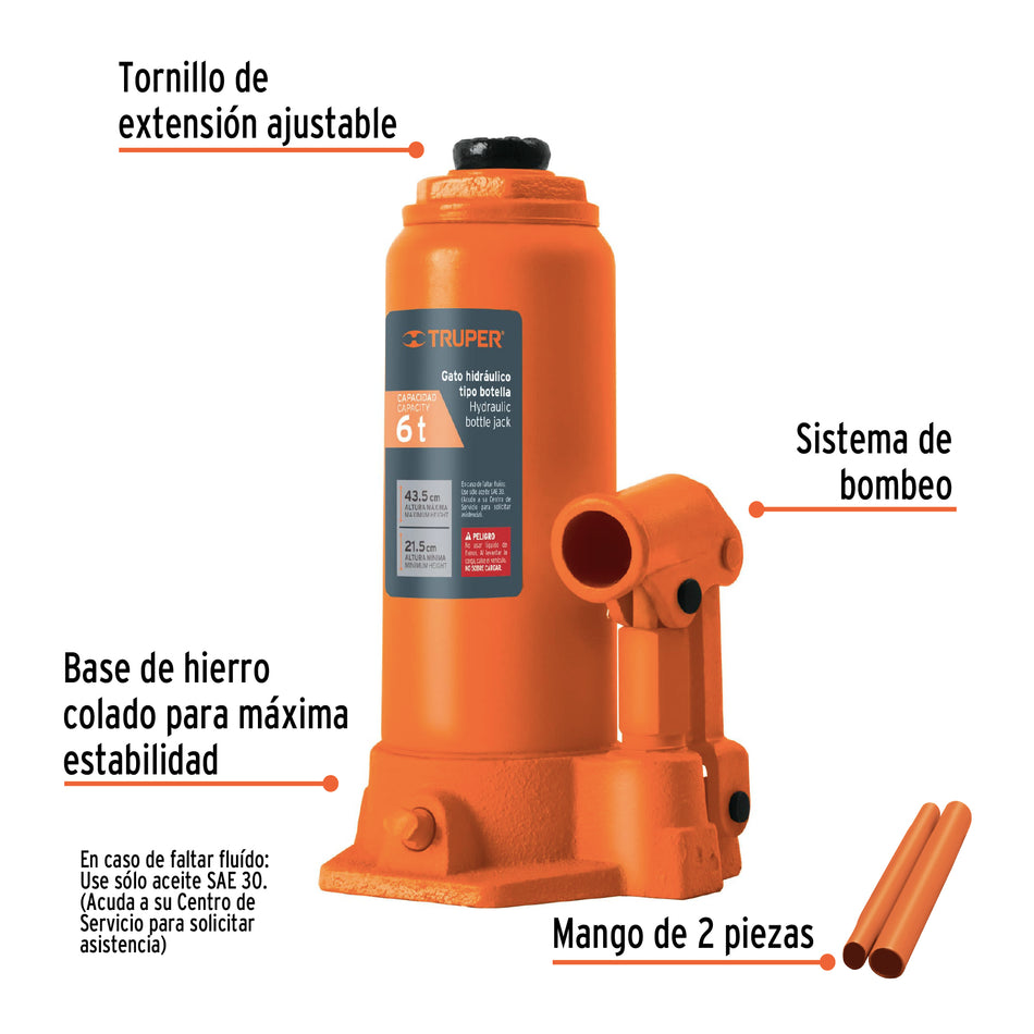 Gato Hidráulico de Botella Truper GAT-6 6 Toneladas - Levanta Vehículos Pesados con Cabeza Antideslizante y Base Estable