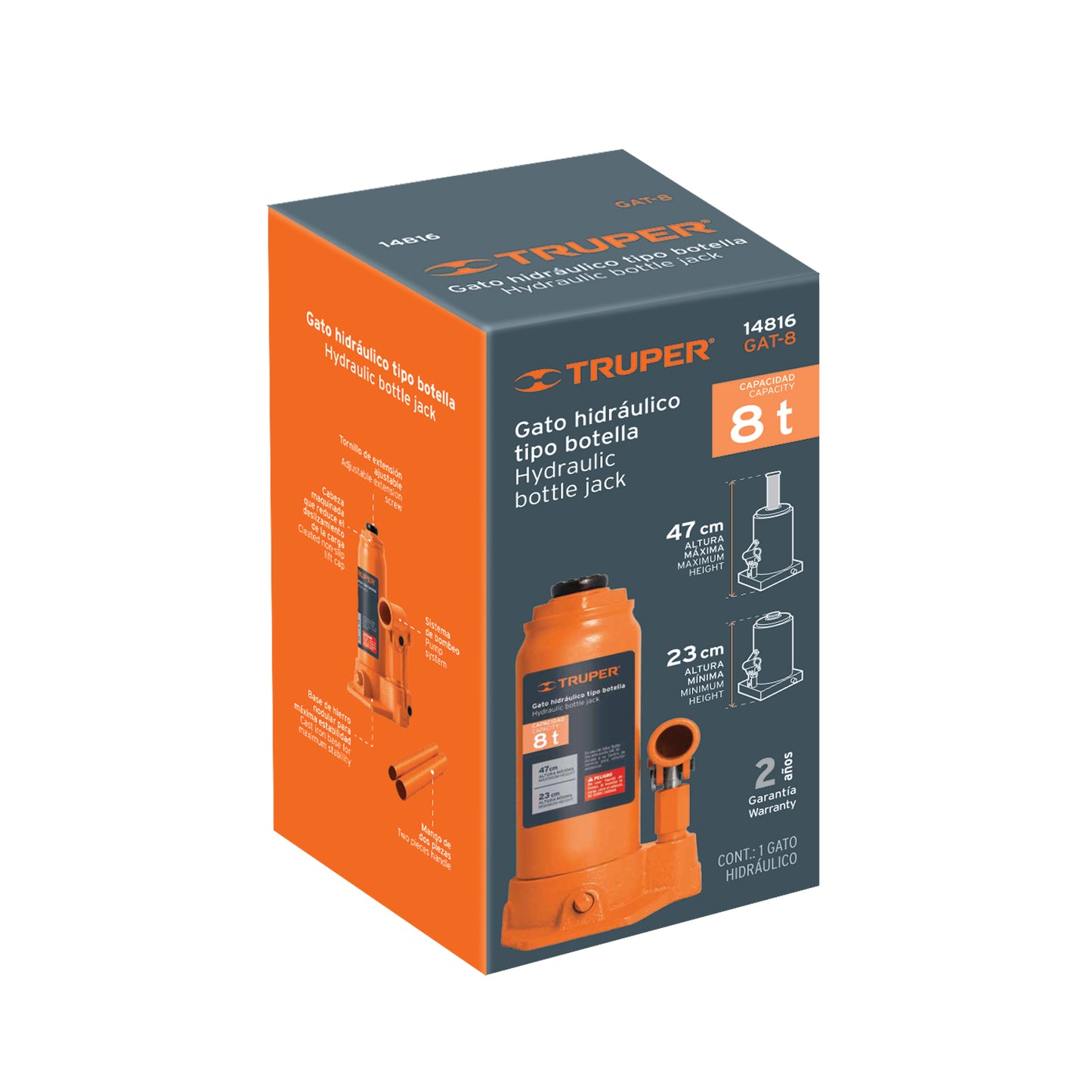 Gato Hidráulico de Botella 8 Toneladas Truper GAT-8 - Levanta Vehículos Pesados con Seguridad - Cabeza Antideslizante y Base Estable de Hierro Colado