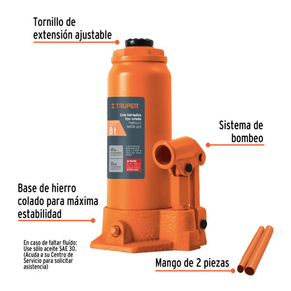 Gato Hidráulico de Botella 8 Toneladas Truper GAT-8 - Levanta Vehículos Pesados con Seguridad - Cabeza Antideslizante y Base Estable de Hierro Colado