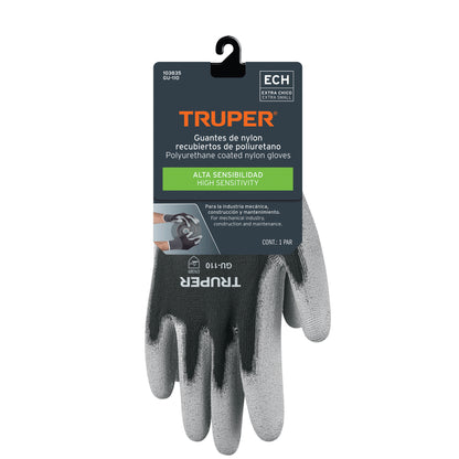 Guantes de Trabajo Truper GU-110 - Nylon con Recubrimiento Poliuretano - Alta Sensibilidad y Destreza para Manejo Preciso de Piezas Pequeñas