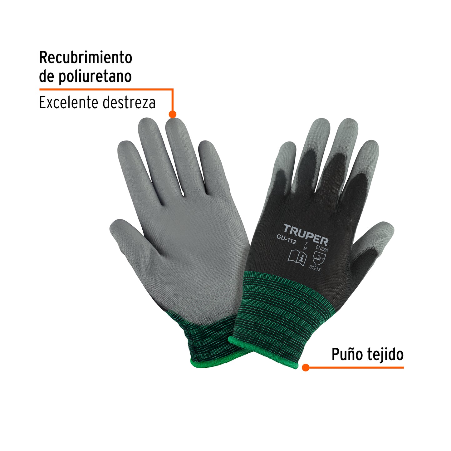 Guantes de Trabajo TRUPER GU-112 Nylon con Recubrimiento Poliuretano Talla M - Máxima Destreza y Sensibilidad para Manejo de Piezas Pequeñas