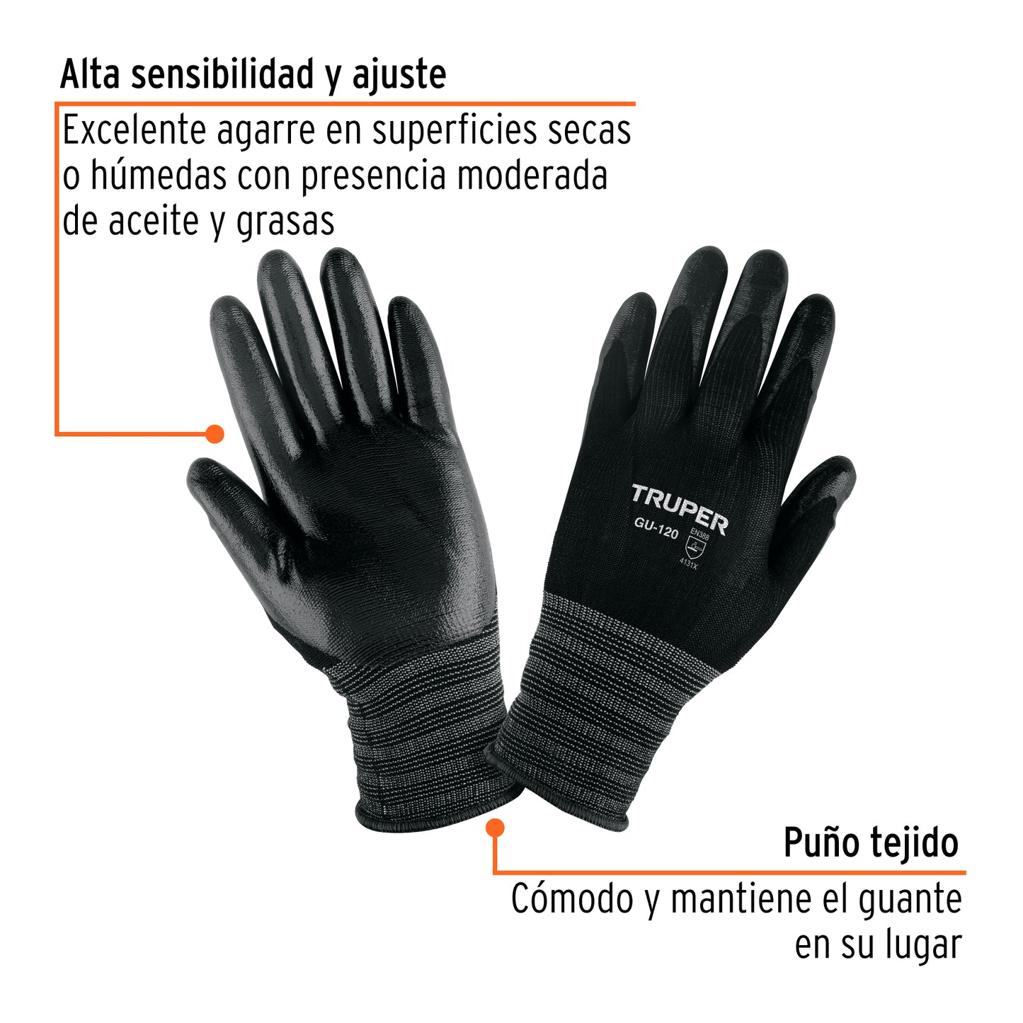 Guantes de Trabajo Nylon con Recubrimiento Nitrilo GU-120 XCH Truper - Protección Anticortes Alta Sensibilidad para Procesos Húmedos y Secos con Aceites