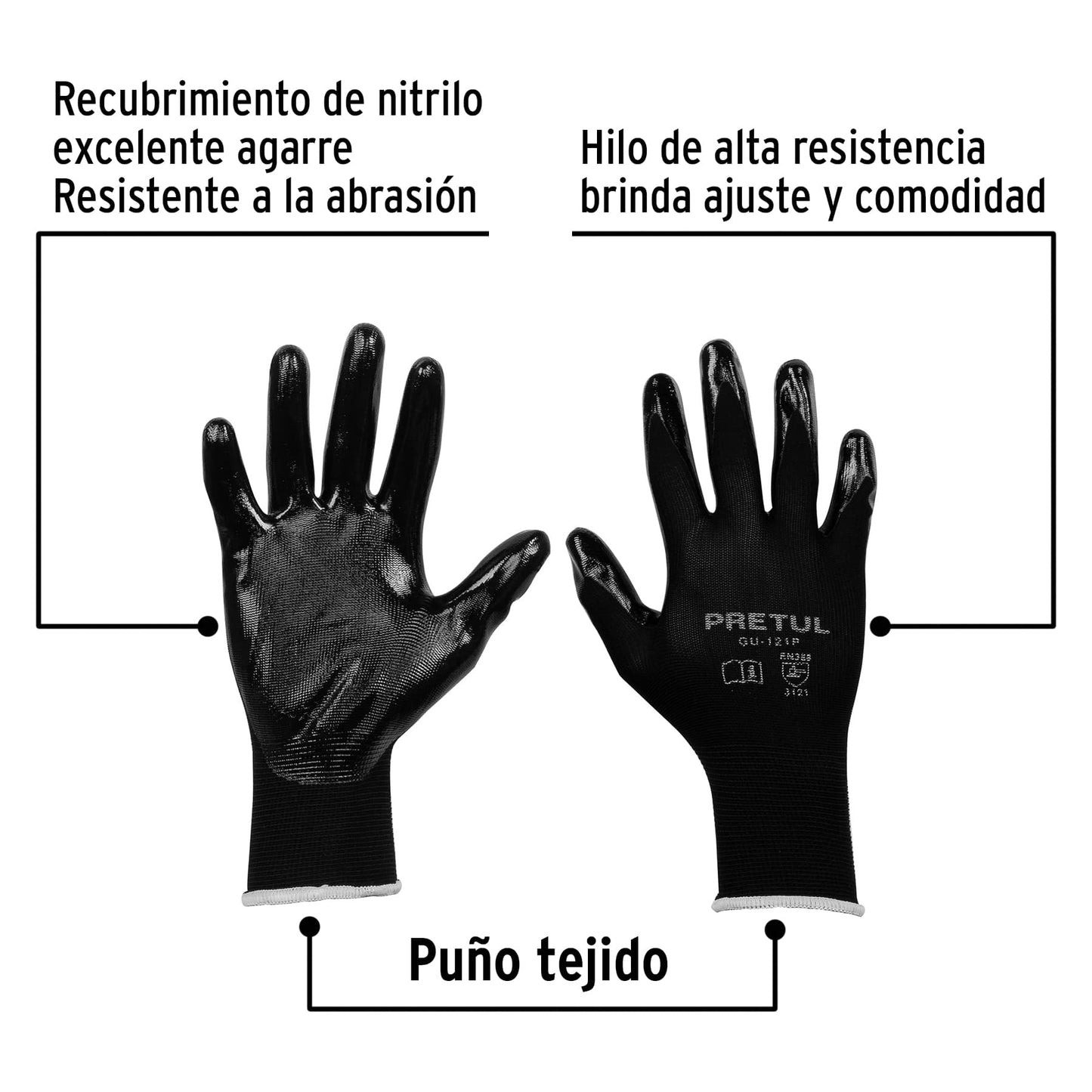 Guantes de Trabajo Nitrilo PRETUL GU-121P - Protección Antideslizante para Manos en Trabajos Húmedos y Secos - Nylon Recubierto Resistente Abrasión - Agarre Seguro Superficies Mojadas