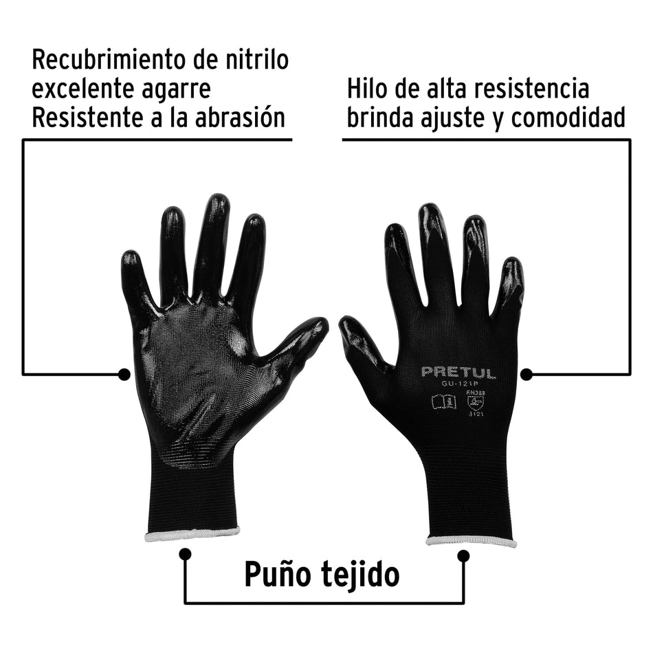 Guantes de Trabajo Nitrilo PRETUL GU-121P - Protección Antideslizante para Manos en Trabajos Húmedos y Secos - Nylon Recubierto Resistente Abrasión - Agarre Seguro Superficies Mojadas