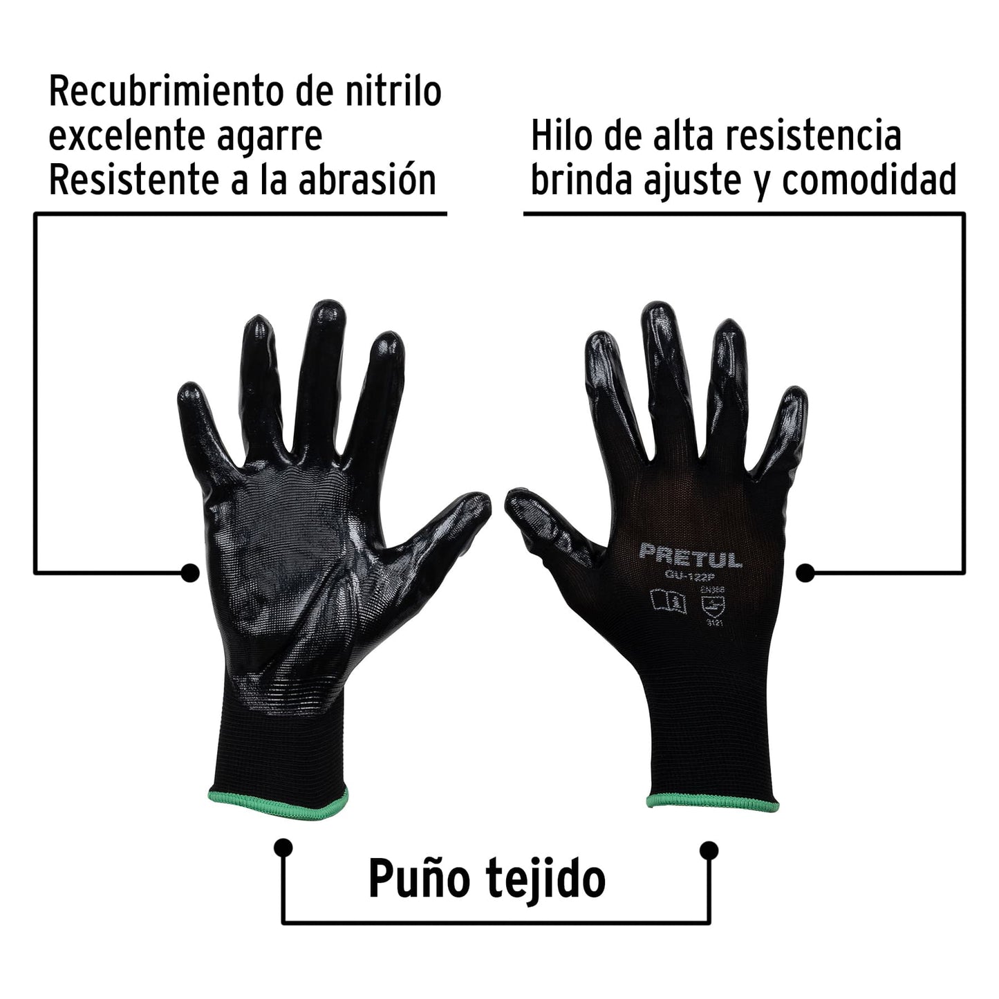 Guantes de Trabajo Nitrilo PRETUL GU-122P Talla M - Protección Antideslizante para Manos en Trabajos Húmedos y Secos - Resistentes Abrasión Nylon