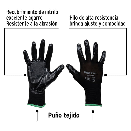Guantes de Trabajo Nitrilo PRETUL GU-122P Talla M - Protección Antideslizante para Manos en Trabajos Húmedos y Secos - Resistentes Abrasión Nylon