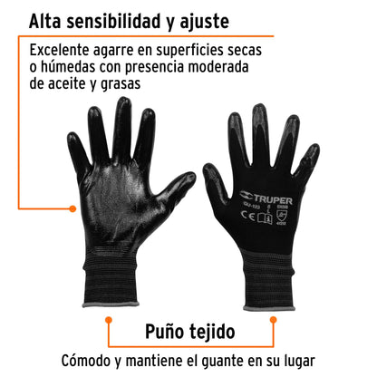 Guantes de Trabajo Nitrilo TRUPER GU-123 - Protección Anti-Cortes con Recubrimiento Antideslizante para Manejo Seguro de Materiales Húmedos y Secos - Talla G Nylon Resistente Abrasión