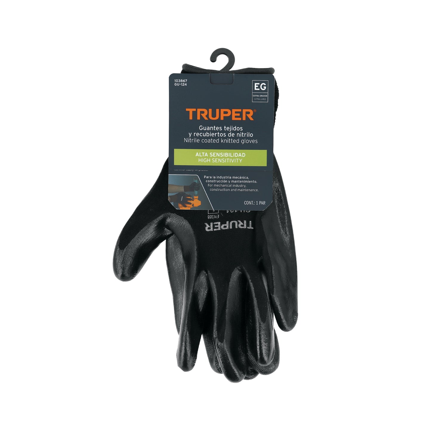 Guantes de Trabajo Nylon con Recubrimiento Nitrilo XG Truper GU-124 - Protección Anticortes Alta Sensibilidad para Procesos Húmedos y Secos con Agarre Superior