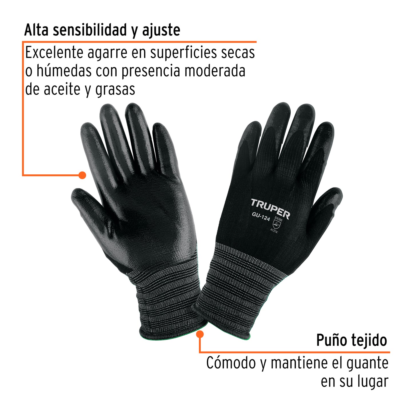 Guantes de Trabajo Nylon con Recubrimiento Nitrilo XG Truper GU-124 - Protección Anticortes Alta Sensibilidad para Procesos Húmedos y Secos con Agarre Superior