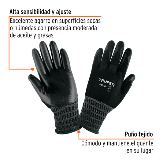 Guantes de Trabajo Nylon con Recubrimiento Nitrilo XG Truper GU-124 - Protección Anticortes Alta Sensibilidad para Procesos Húmedos y Secos con Agarre Superior
