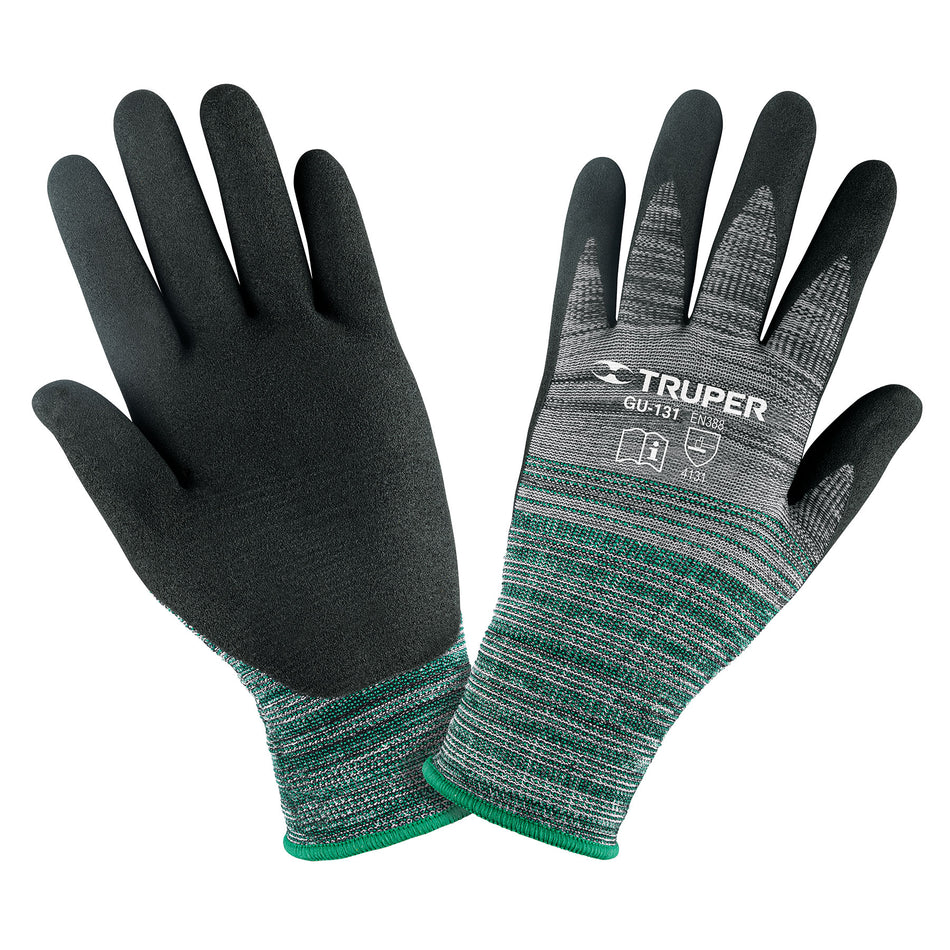Guantes de Nylon con Recubrimiento de Nitrilo Arenoso TRUPER GU-131 - Protección Profesional contra Aceites, Grasas y Solventes
