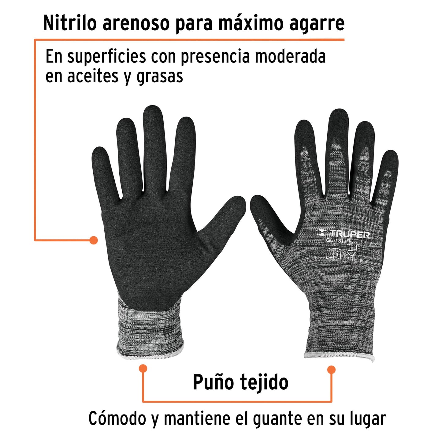 Guantes de Nylon con Recubrimiento de Nitrilo Arenoso TRUPER GU-131 - Protección Profesional contra Aceites, Grasas y Solventes