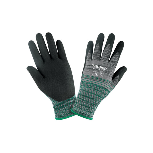 Guantes de Nylon con Recubrimiento de Nitrilo Arenoso TRUPER GU-132 - Protección Profesional contra Aceites, Grasas y Solventes - Talla M - Resistentes a Abrasión para Trabajo Industrial