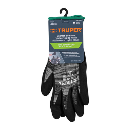 Guantes de Nylon con Recubrimiento de Nitrilo Arenoso TRUPER GU-132 - Protección Profesional contra Aceites, Grasas y Solventes - Talla M - Resistentes a Abrasión para Trabajo Industrial