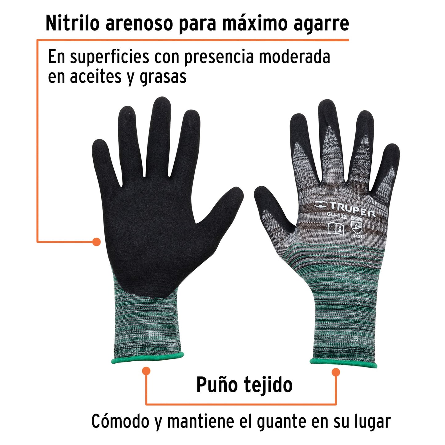 Guantes de Nylon con Recubrimiento de Nitrilo Arenoso TRUPER GU-132 - Protección Profesional contra Aceites, Grasas y Solventes - Talla M - Resistentes a Abrasión para Trabajo Industrial
