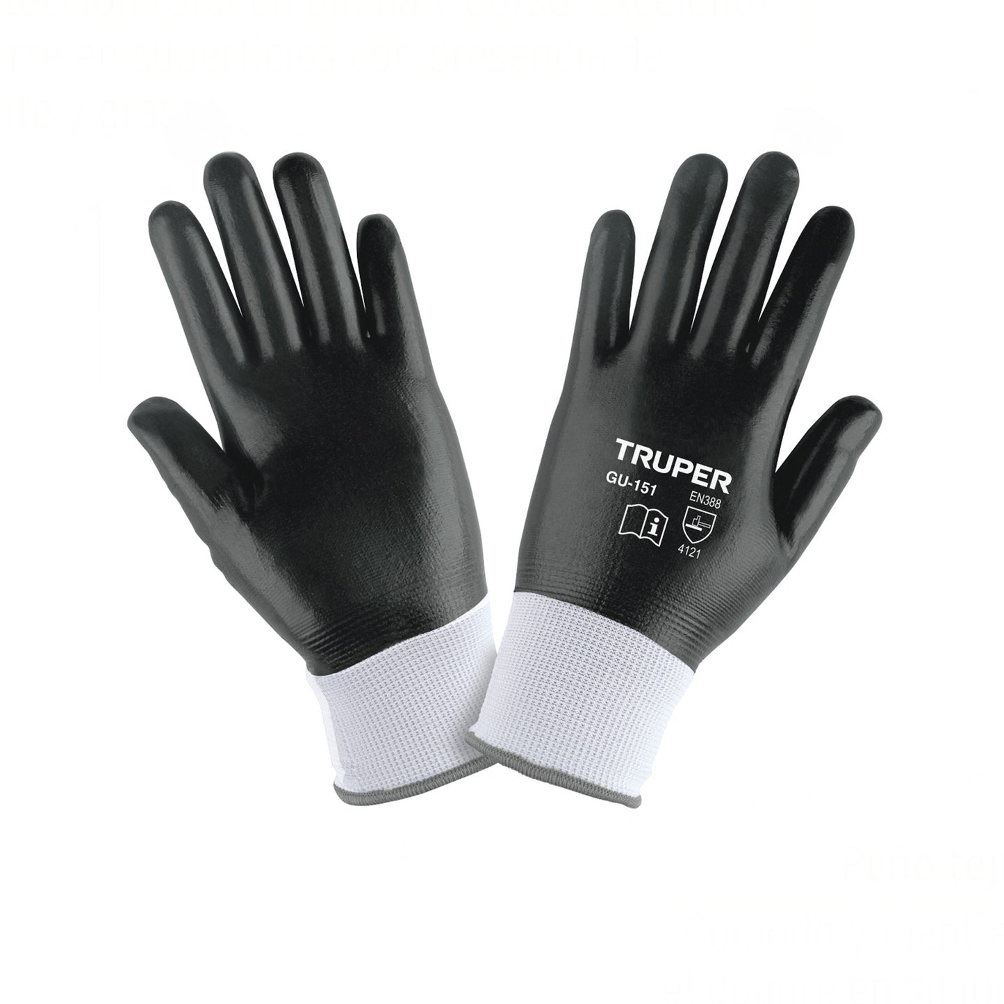 Guantes de Seguridad Industrial TRUPER GU-151 - Poliéster con Recubrimiento de Nitrilo Resistente a Aceites y Grasas - Protección Profesional para Trabajo Húmedo y Seco