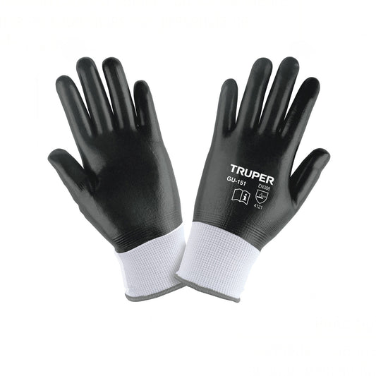Guantes de Seguridad Industrial TRUPER GU-151 - Poliéster con Recubrimiento de Nitrilo Resistente a Aceites y Grasas - Protección Profesional para Trabajo Húmedo y Seco