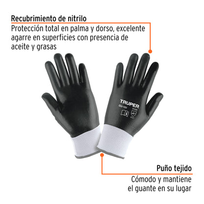 Guantes de Seguridad Industrial TRUPER GU-151 - Poliéster con Recubrimiento de Nitrilo Resistente a Aceites y Grasas - Protección Profesional para Trabajo Húmedo y Seco