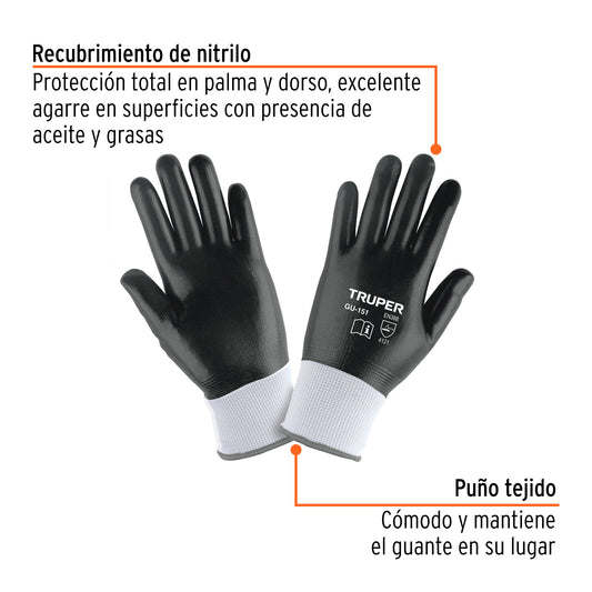 Guantes de Seguridad Industrial TRUPER GU-151 - Poliéster con Recubrimiento de Nitrilo Resistente a Aceites y Grasas - Protección Profesional para Trabajo Húmedo y Seco