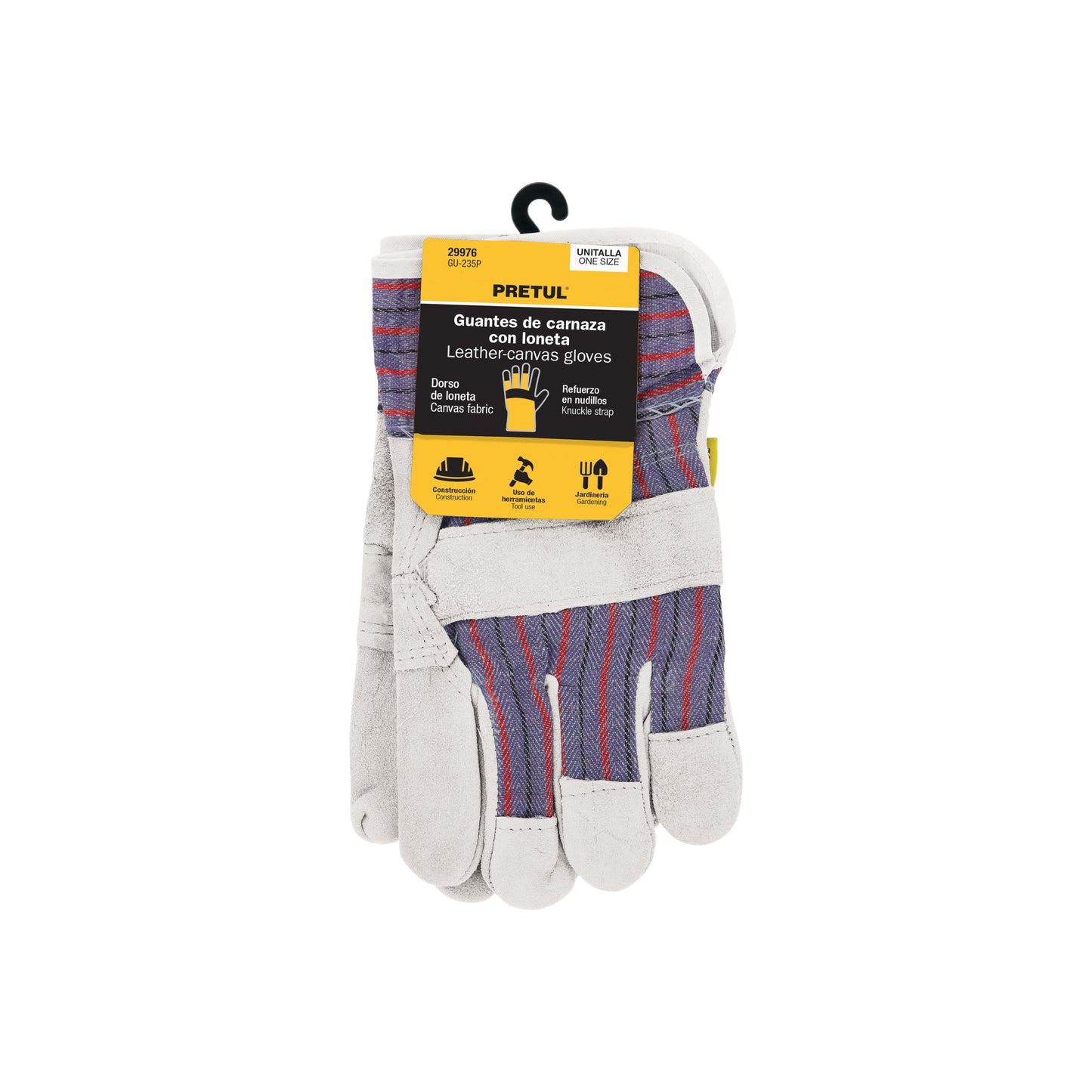 Guantes de Carnaza y Loneta PRETUL GU-235P - Protección Profesional con Refuerzo en Nudillos para Construcción, Jardinería y Herramientas - Puño de Seguridad Antideslizante Unitalla