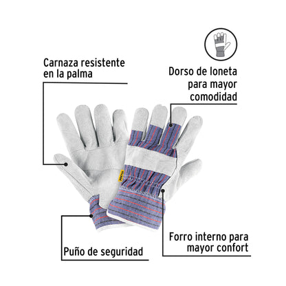 Guantes de Carnaza y Loneta PRETUL GU-235P - Protección Profesional con Refuerzo en Nudillos para Construcción, Jardinería y Herramientas - Puño de Seguridad Antideslizante Unitalla