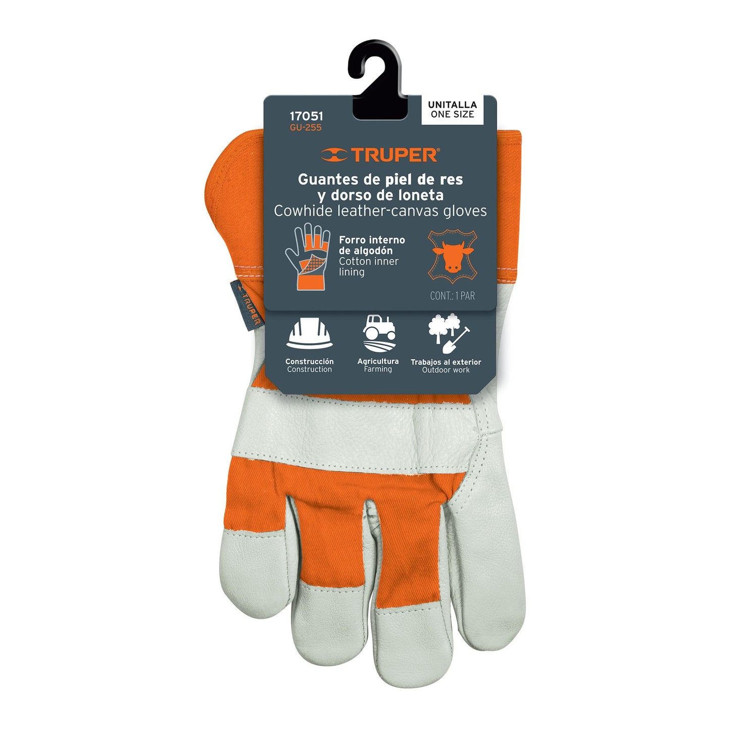 Guantes de Seguridad Industrial TRUPER GU-255 - Piel de Res con Dorso de Loneta para Construcción y Agricultura