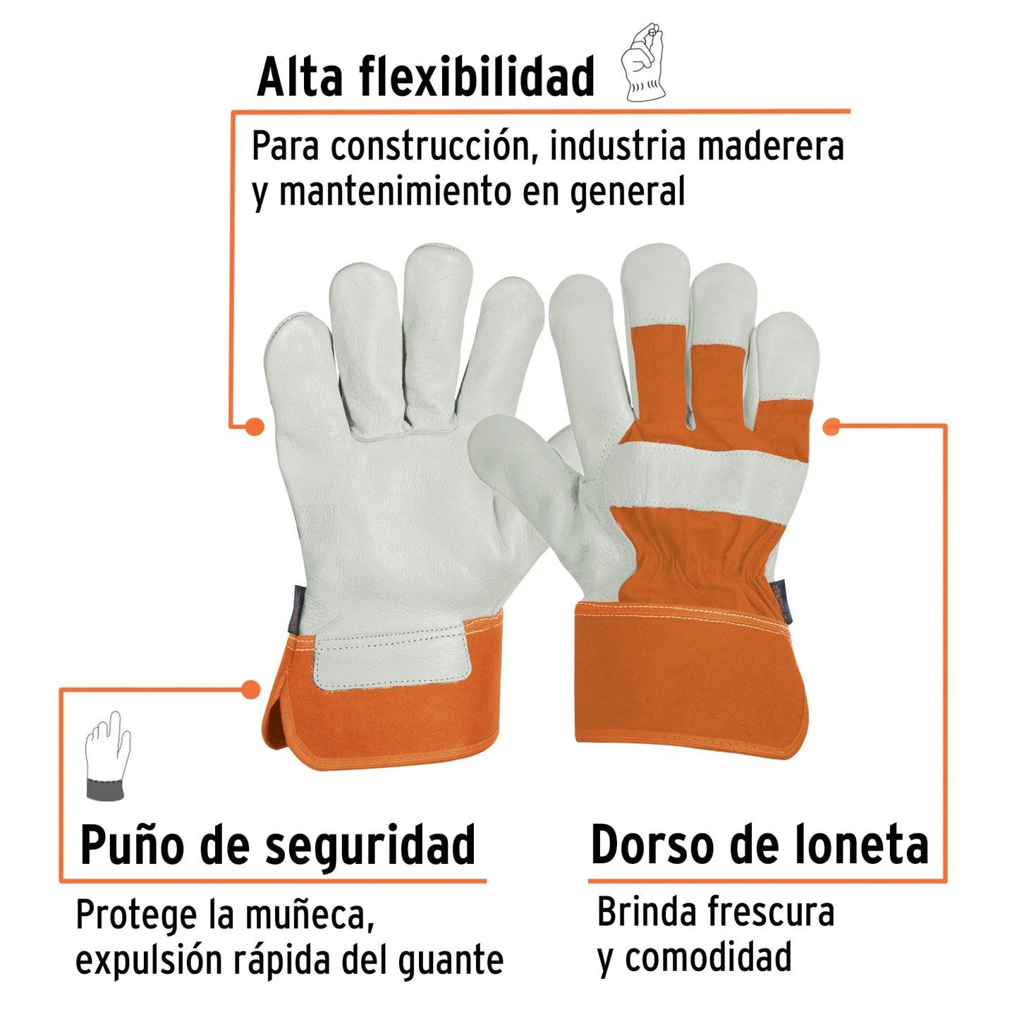 Guantes de Seguridad Industrial TRUPER GU-255 - Piel de Res con Dorso de Loneta para Construcción y Agricultura