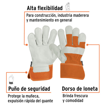 Guantes de Seguridad Industrial TRUPER GU-255 - Piel de Res con Dorso de Loneta para Construcción y Agricultura