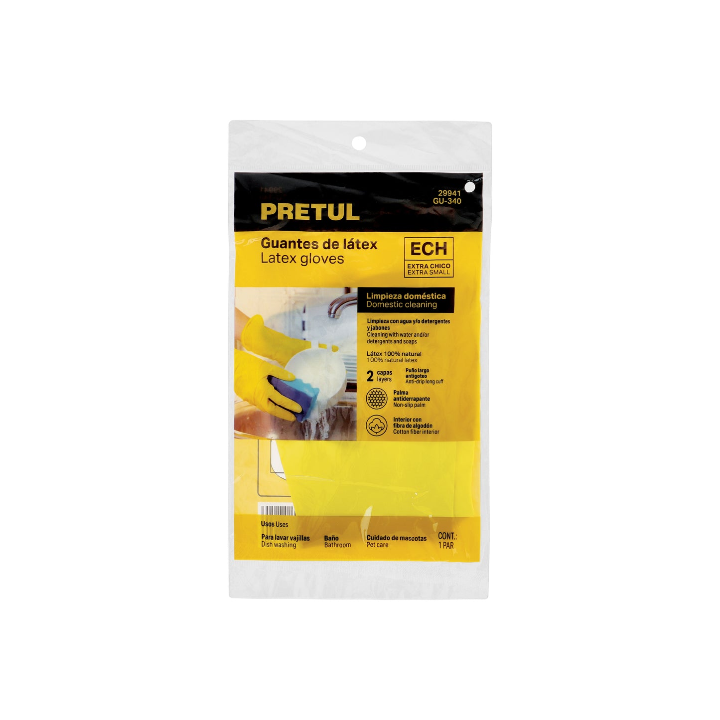 Guantes de Látex Amarillos Antiderrapantes GU-340 - Protección Total para Limpieza con Detergentes - Pretul XCH