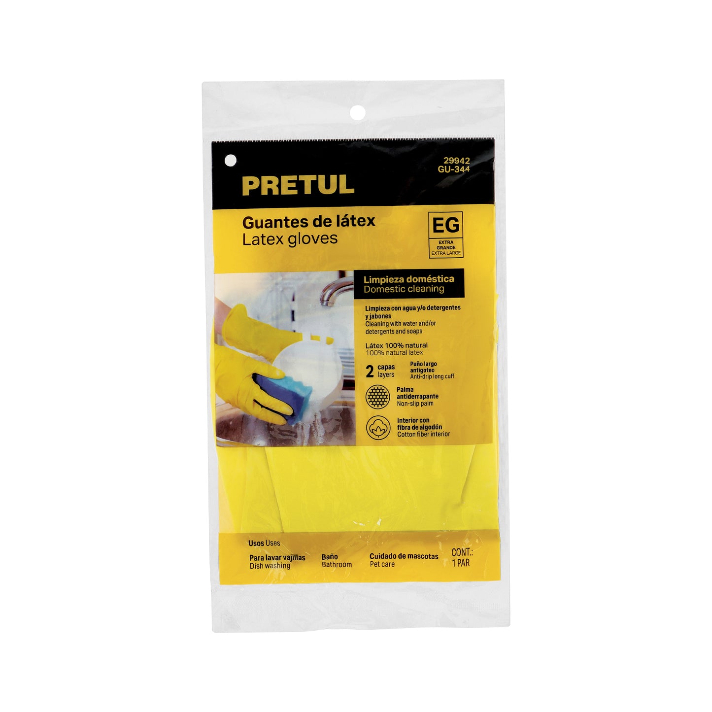 Guantes de Látex Amarillos XG Pretul GU-344 - Protección Antiderrapante para Limpieza Industrial y Doméstica con Fibra de Algodón