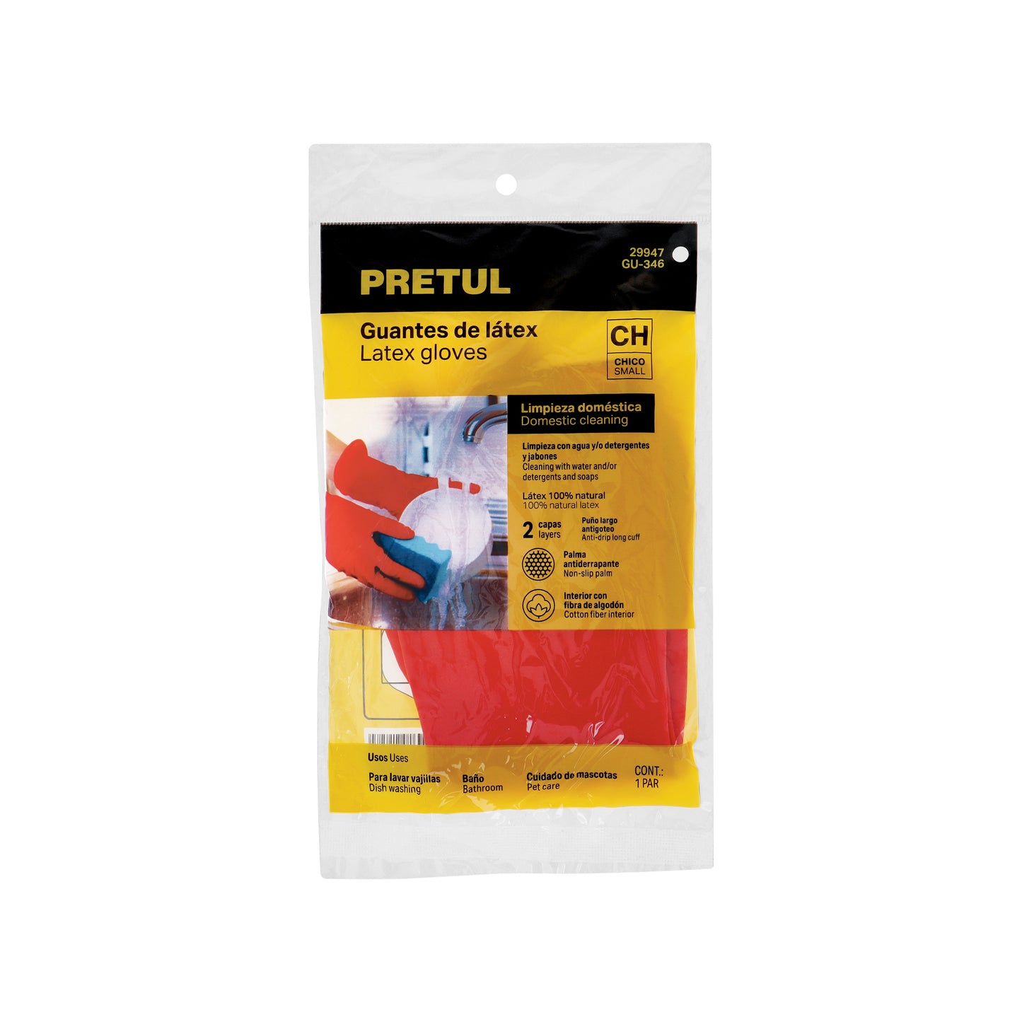 Guantes de Látex Rojos Antiderrapantes PRETUL GU-346 - Protección Total para Limpieza con Detergentes - Puño Reforzado y Fibra de Algodón Interior