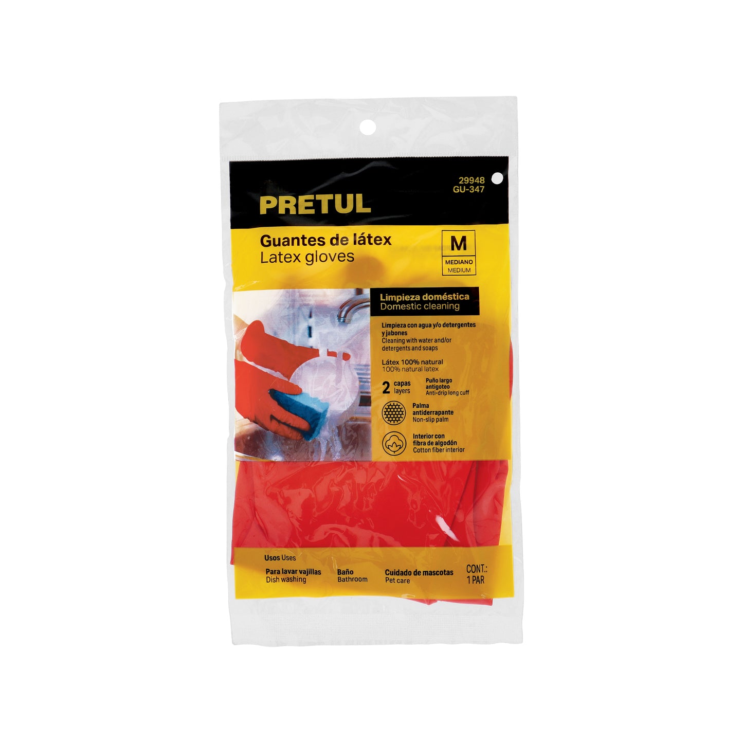Guantes de Látex Rojos Antiderrapantes Pretul GU-347 - Protección Total para Limpieza con Detergentes - Talla M con Puño Reforzado