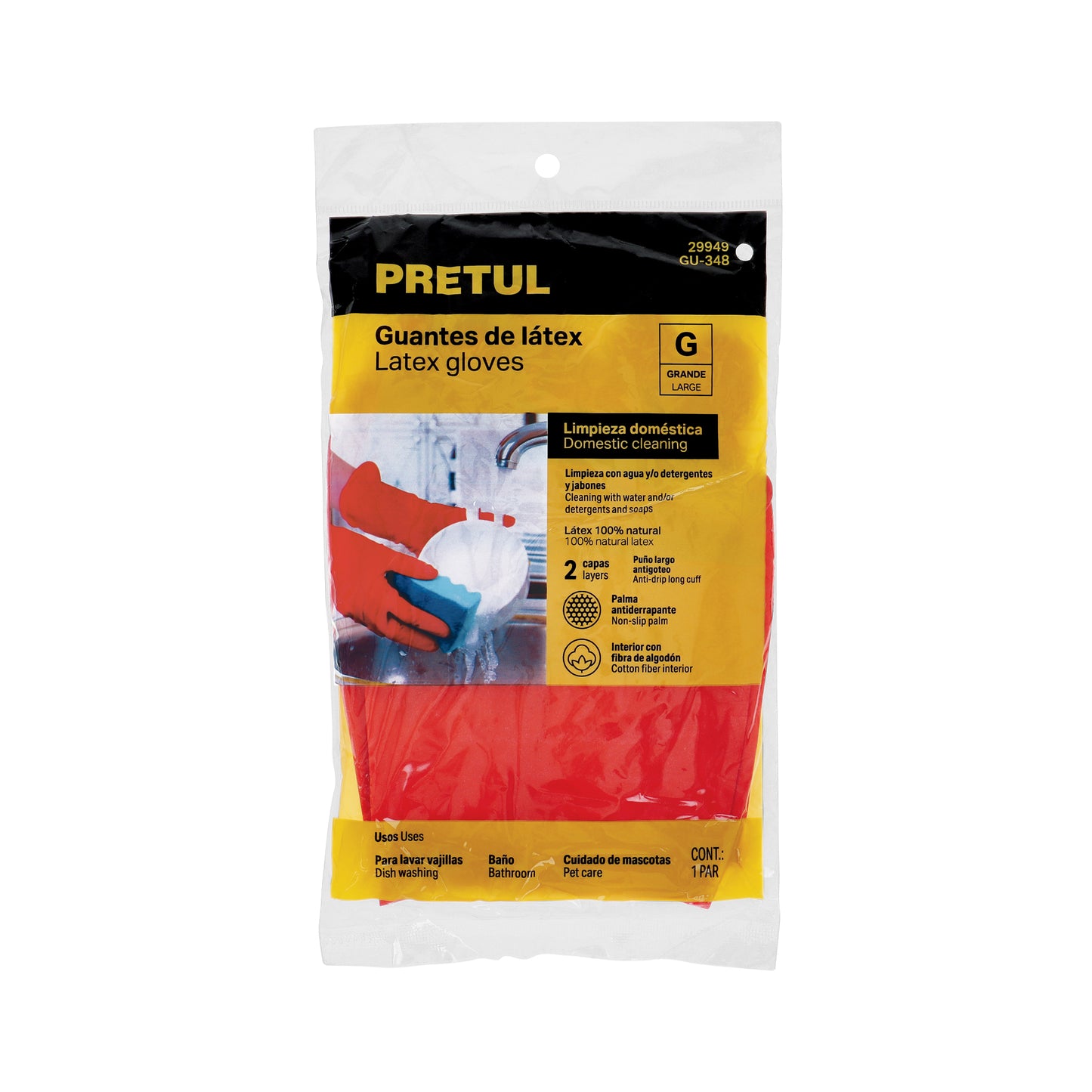 Guantes de Látex Rojos Antiderrapantes Pretul GU-348 - Protección Total para Limpieza con Detergente - Talla G con Puño Enrollado