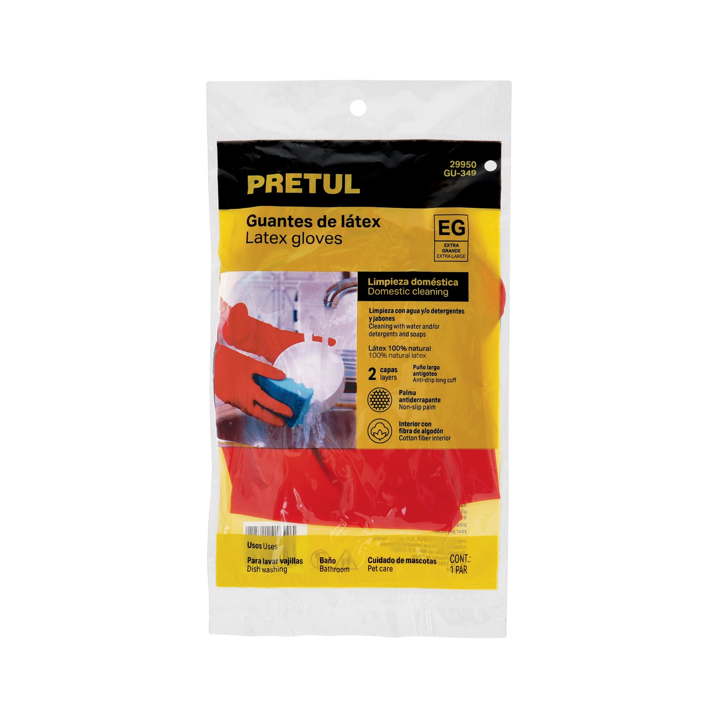 Guantes de Látex Rojos XG Pretul GU-349 - Protección Antiderrapante para Limpieza con Detergentes - Puño Reforzado y Forro de Algodón