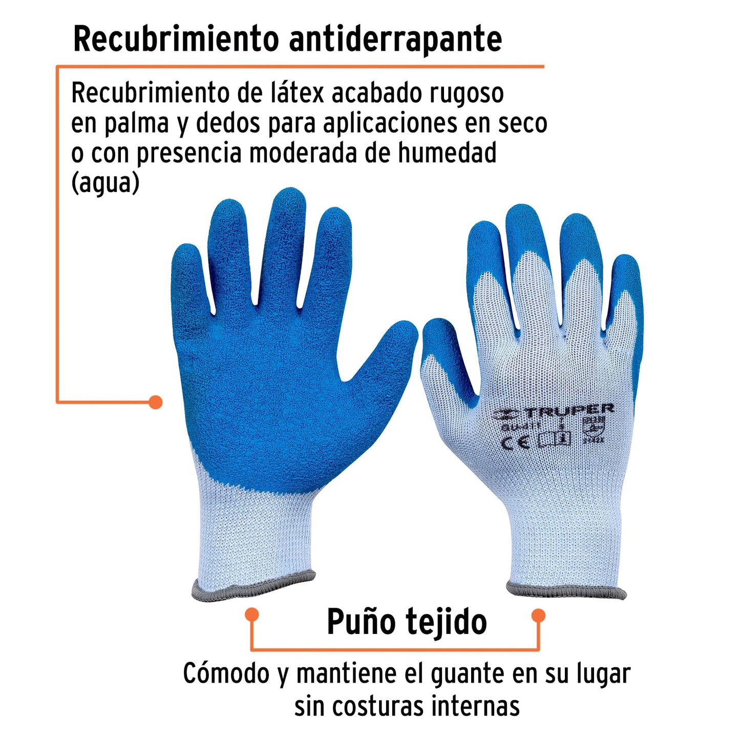 Guantes de Seguridad Industrial Truper GU-411 - Poliéster con Recubrimiento de Látex Antideslizante para Protección contra Cortes en Construcción y Carpintería