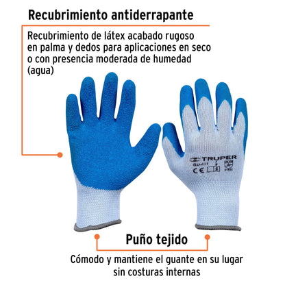 Guantes de Seguridad Industrial Truper GU-411 - Poliéster con Recubrimiento de Látex Antideslizante para Protección contra Cortes en Construcción y Carpintería