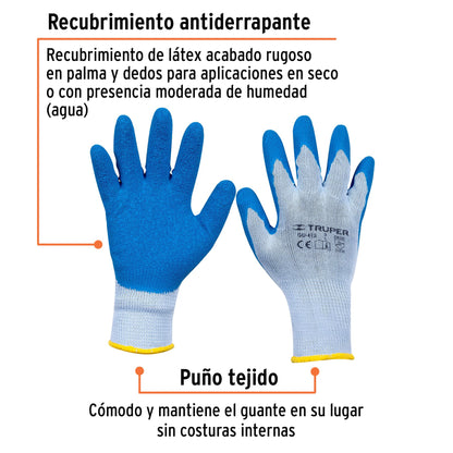 Guantes de Seguridad Industrial TRUPER GU-413 - Poliéster con Recubrimiento de Látex Antideslizante para Carpintería, Construcción y Jardinería - Protección contra Cortes y Agarre Superior