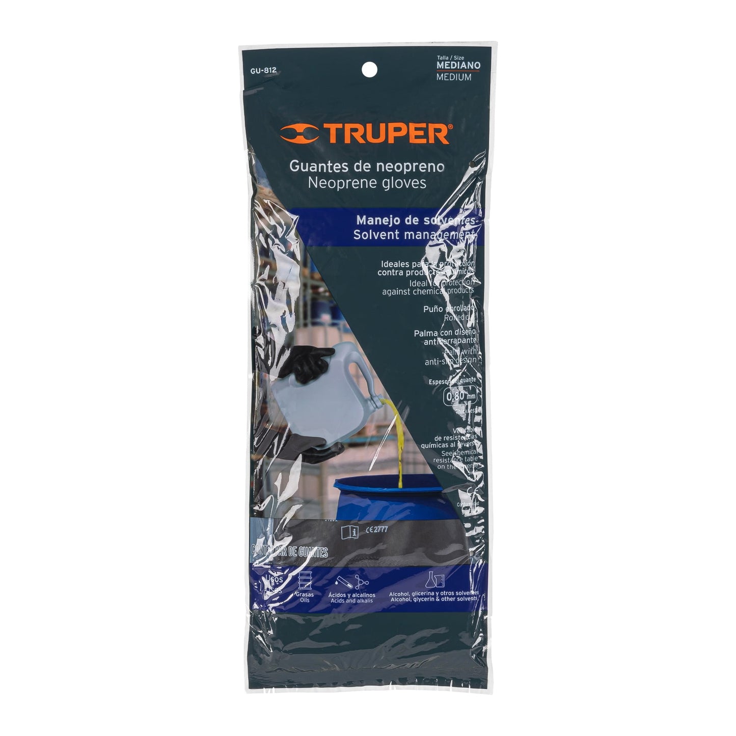 Guantes de Neopreno Resistentes a Químicos TRUPER GU-812 - Protección Profesional contra Ácidos, Solventes y Aceites - Talla M Antiderrapantes