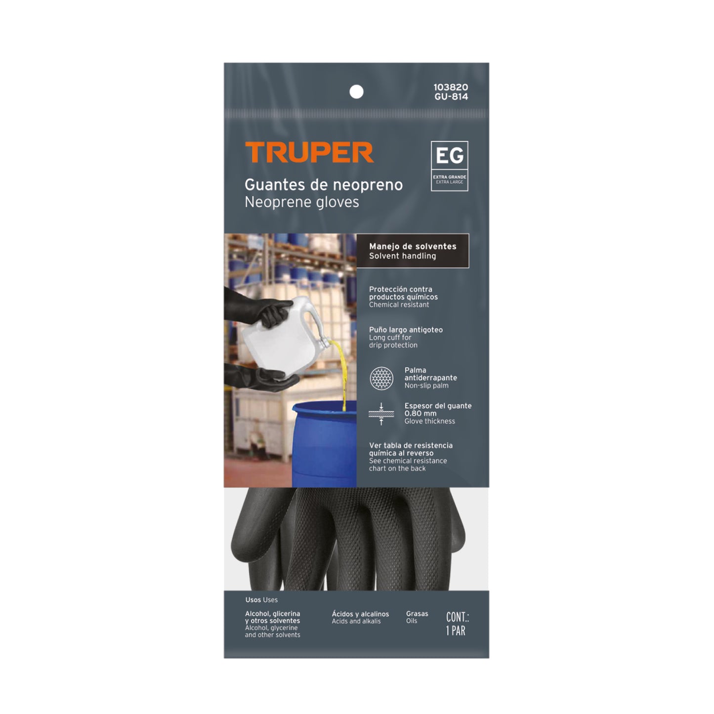 Guantes de Neopreno Resistentes a Químicos XG Truper GU-814 - Protección Profesional contra Ácidos, Solventes y Aceites