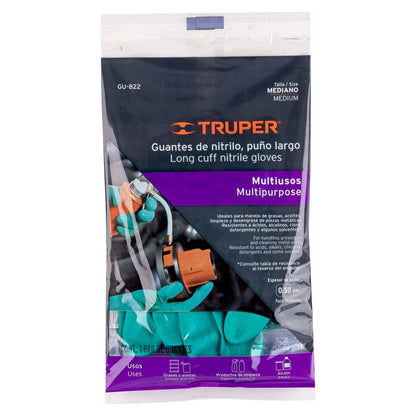 Guantes de Nitrilo Verde TRUPER GU-822 Talla M - Resistentes a Químicos, Aceites y Solventes - Protección Profesional Antiderrapante para Manejo de Líquidos Industriales