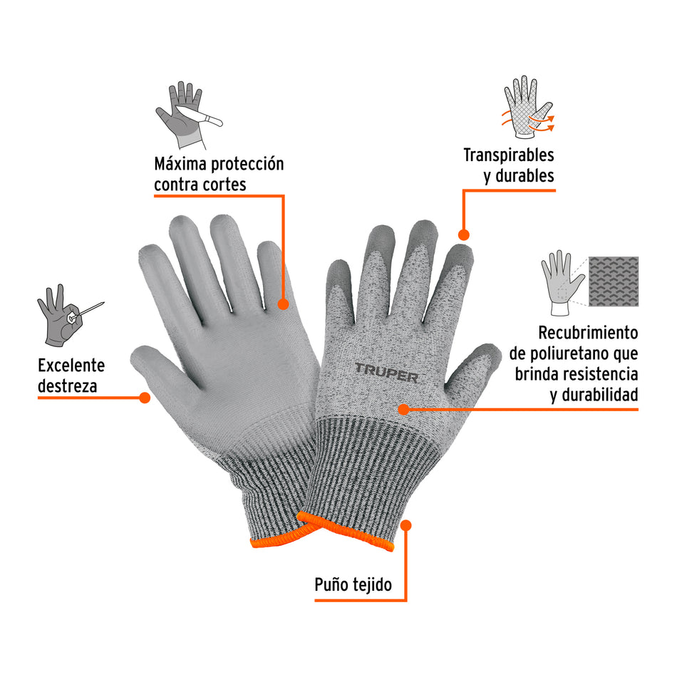 Guante Anticorte Nivel 5 TRUPER GU-912 Poliuretano Talla M - Protección Máxima Contra Cortes para Manejo Vidrio y Metal