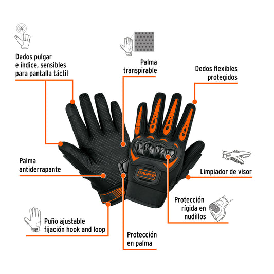Guantes Protección Motociclista TRUPER GU-972 Talla M - Palma Antiderrapante Transpirable, Dedos Táctiles, Protector Nudillos Rígido, Puño Ajustable - Máxima Seguridad y Comodidad para Motociclismo