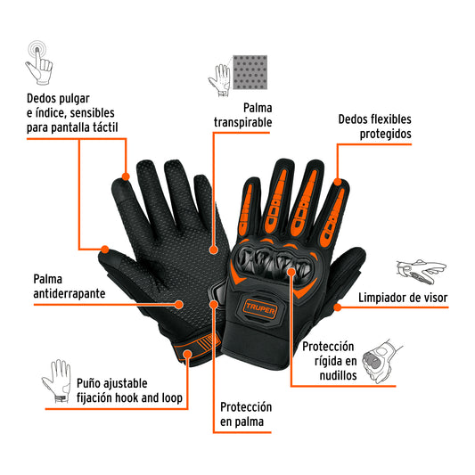 Guantes Protección Motociclista TRUPER XG GU-974 - Antiderrapantes Táctiles con Protector Nudillos y Limpiador Visor