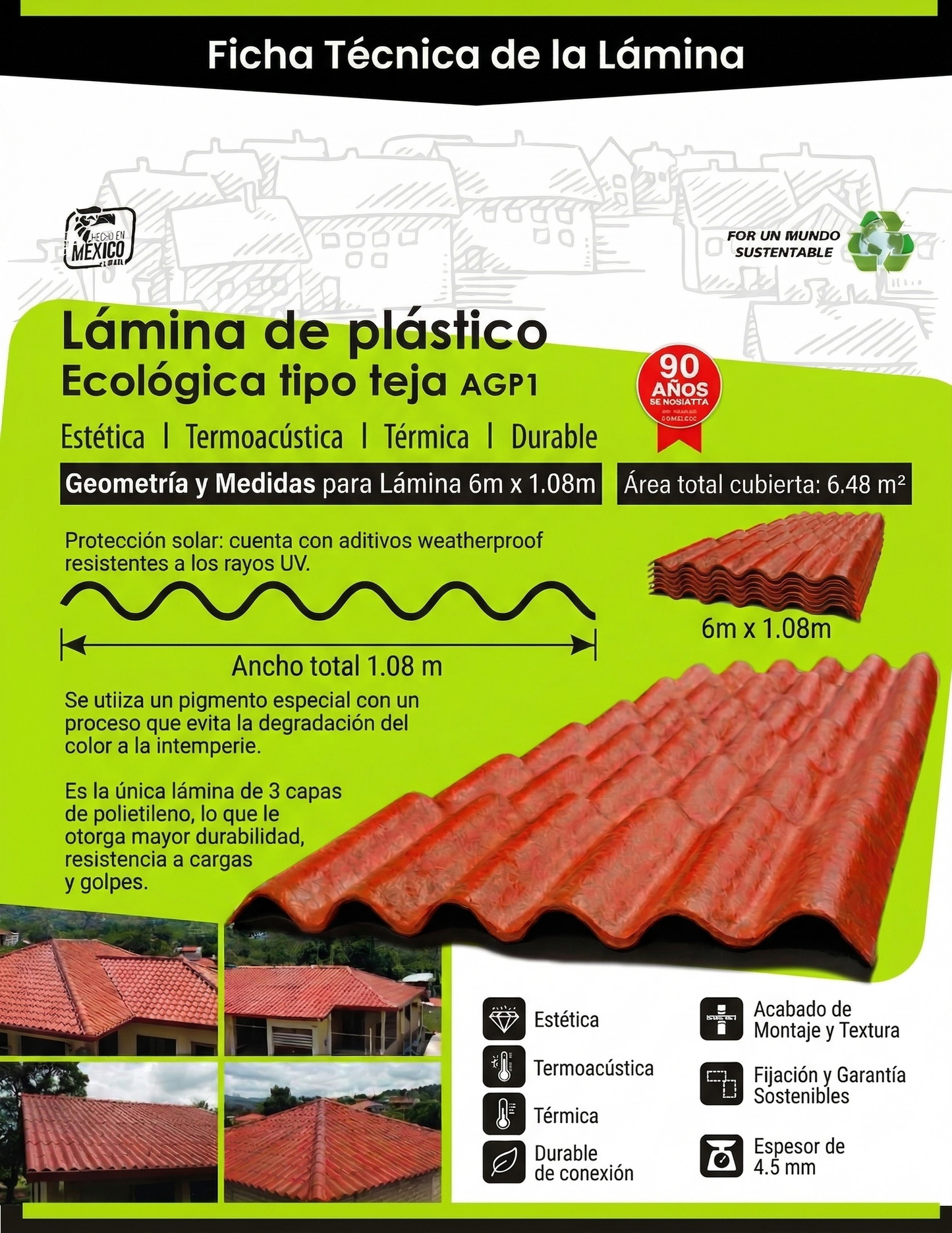 Lámina Plástica Tipo Teja Roja para Techo 6m x 1.08m