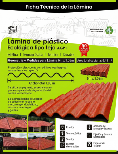 Lámina Plástica Tipo Teja Roja para Techo 6m x 1.08m