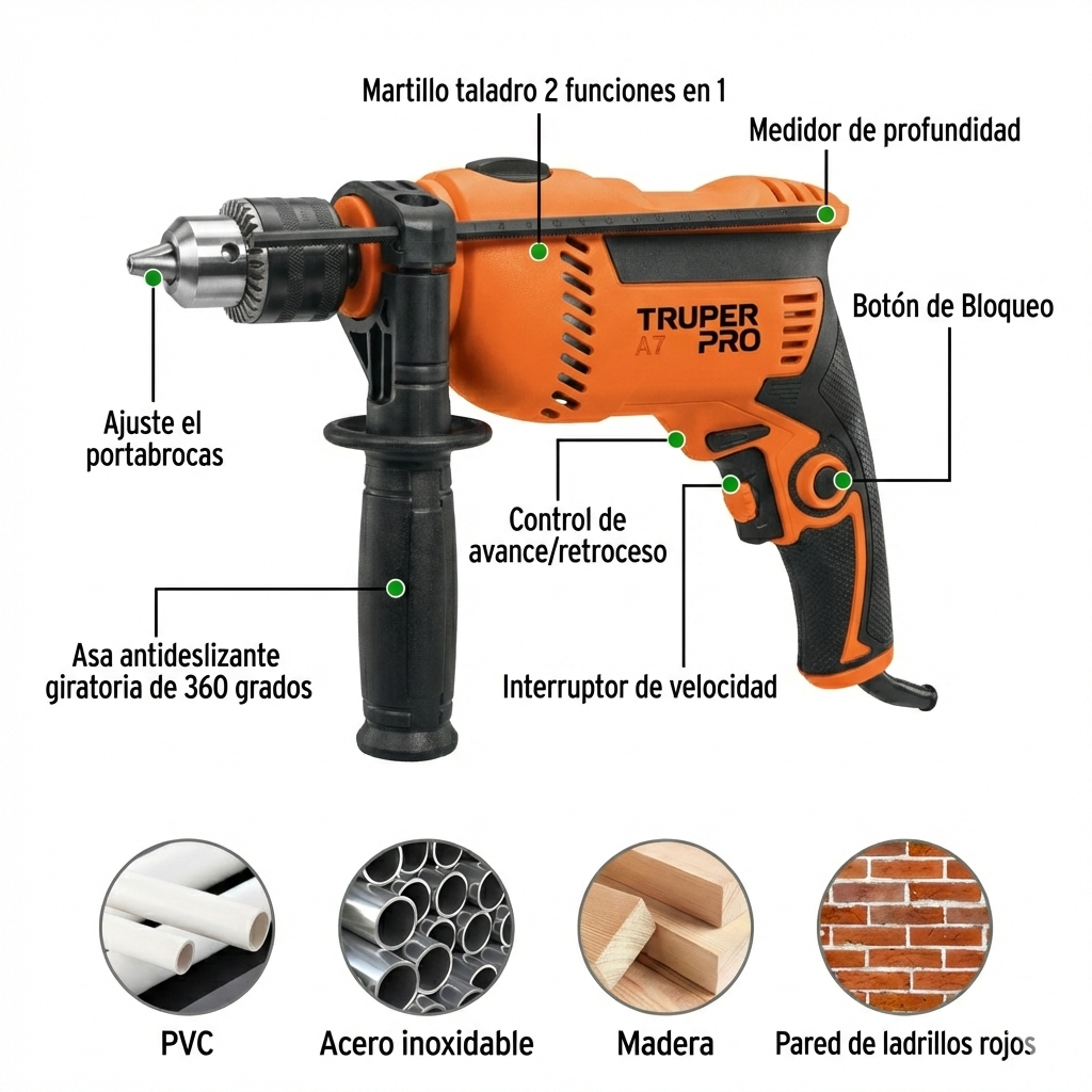 Rotomartillo TRUPER PRO® 1/2” 650W | Taladro Percutor Profesional con Velocidad Variable