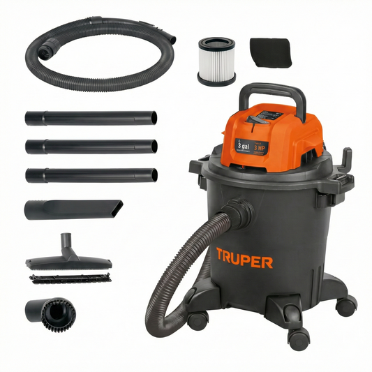 Truper Aspiradora 3 Gal 3 HP Húmedo/Seco c/Filtro HEPA - Ideal Auto, Taller y Casa