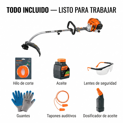 Kit Desbrozadora Gasolina 26cc TRUPER DES-26C + Hilo, Aceite, Lentes, Guantes y Tapones — Lista para Trabajar, Corte 17" Maleza y Terreno