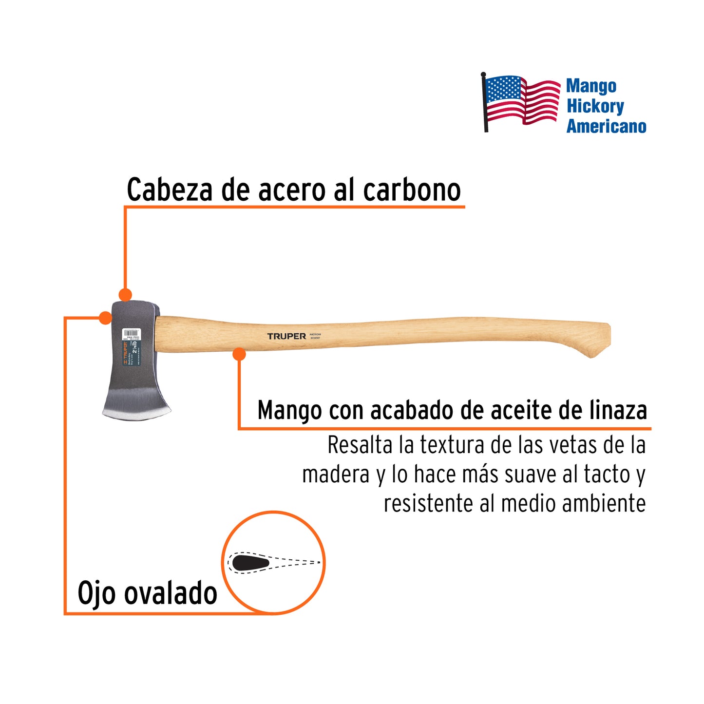 Hacha Truper Boy 2-1/4 lb Mango Hickory 28" - Herramienta Profesional para Talar Árboles y Partir Madera HB-2-1/4M