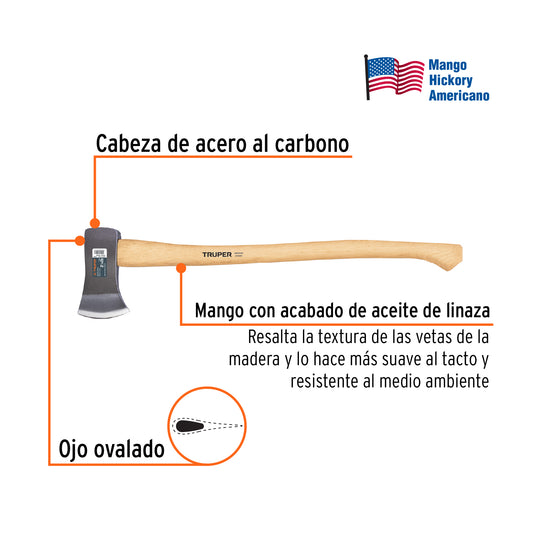Hacha Truper Boy 2-1/4 lb Mango Hickory 28" - Herramienta Profesional para Talar Árboles y Partir Madera HB-2-1/4M